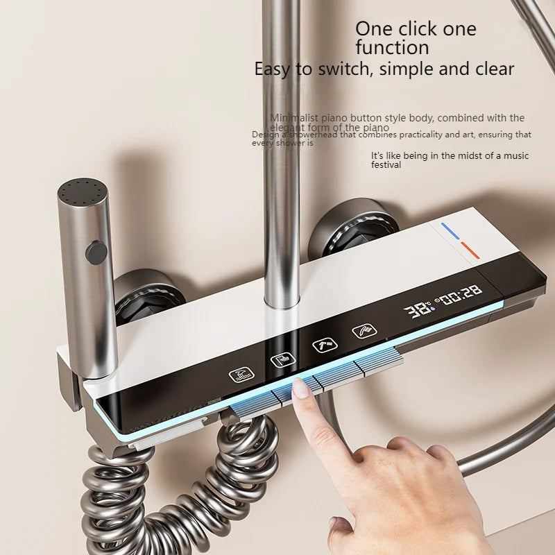 Stainless Steel Smart Digital Display Piano Key Bathroom Shower Set-Shower Faucet-Index Bath-Gray-HM-001-White-Index Bath