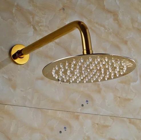 Rain Shower Heads - Ultrathin Golden Colored Rainfall Type Shower Head With Wall Mount Shower Arm