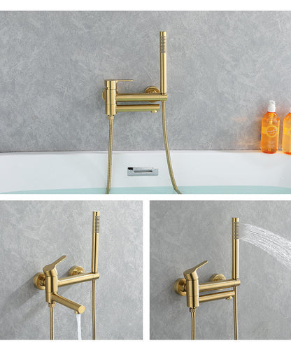 Shower Faucet - Wall Mounted Brass Bathtub Set Brush Gold Black Foldable Round Tap