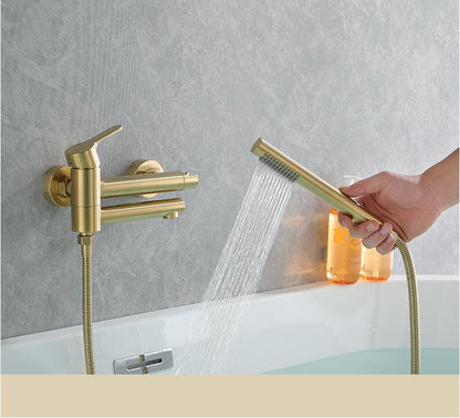 Shower Faucet - Wall Mounted Brass Bathtub Set Brush Gold Black Foldable Round Tap