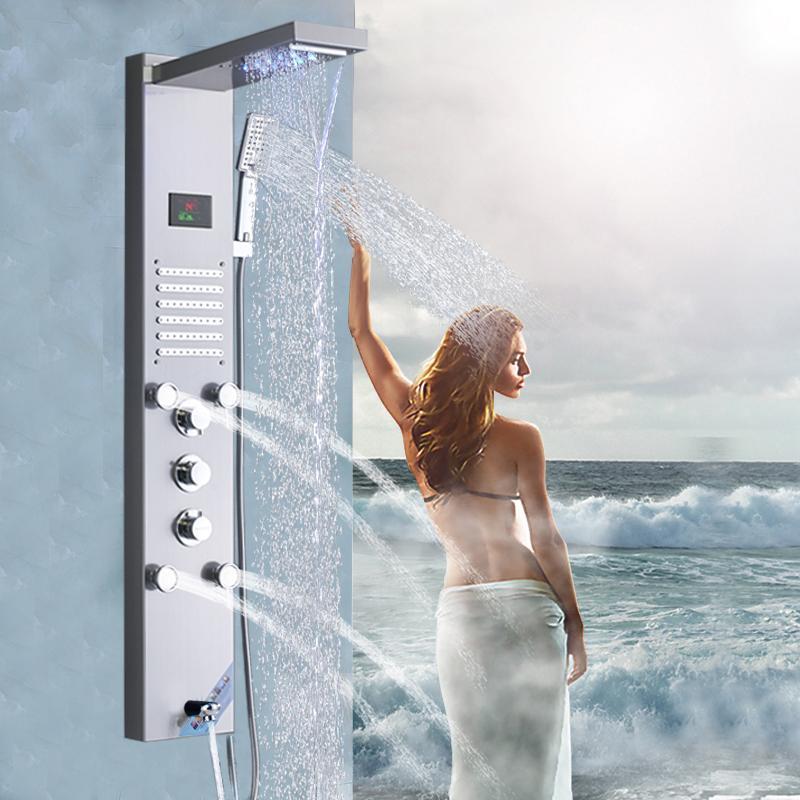 Shower Faucet - Waterfall Shower Panel Faucet LED Light Body Massage Jets